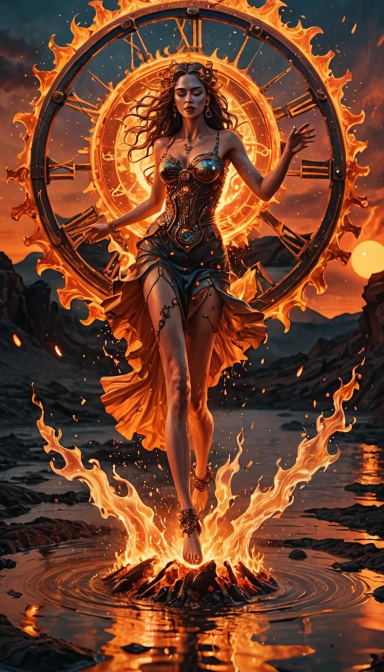 Goddess Dances on Fire Above Water Vortex