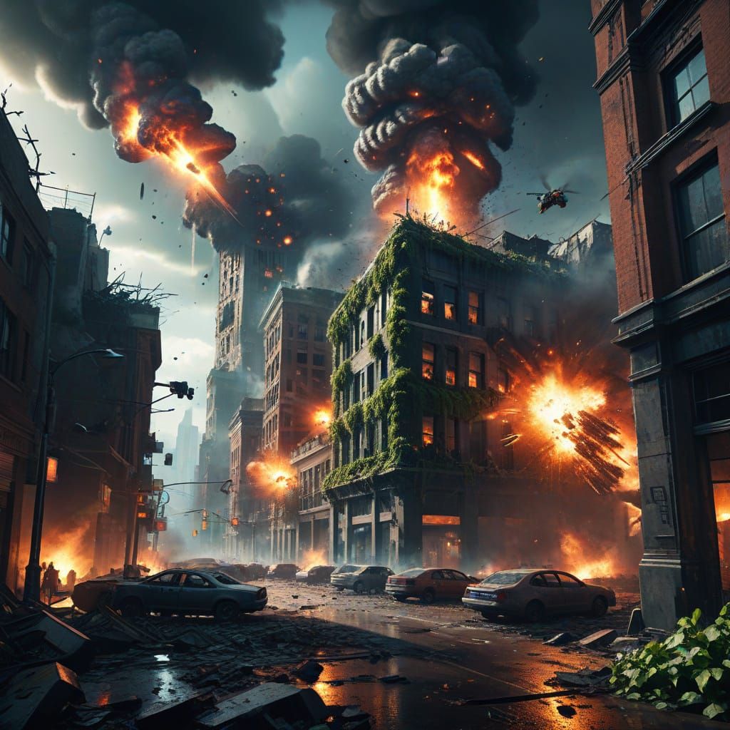 Science Fiction Ivy Humans Bombing Cityscape