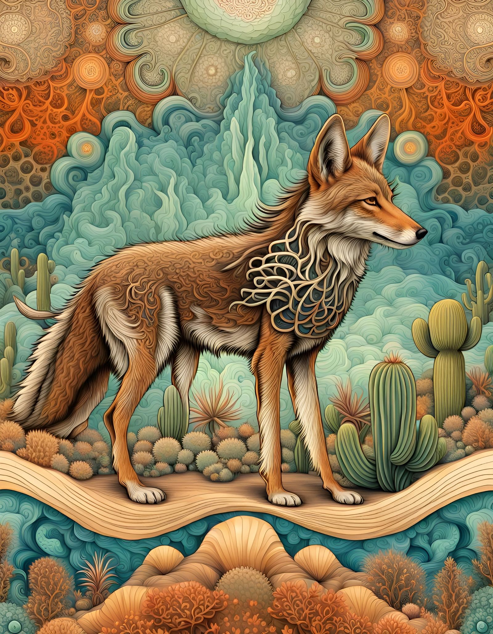 Ornate Coyote in Desert Landscape, Ernst Haeckel Style