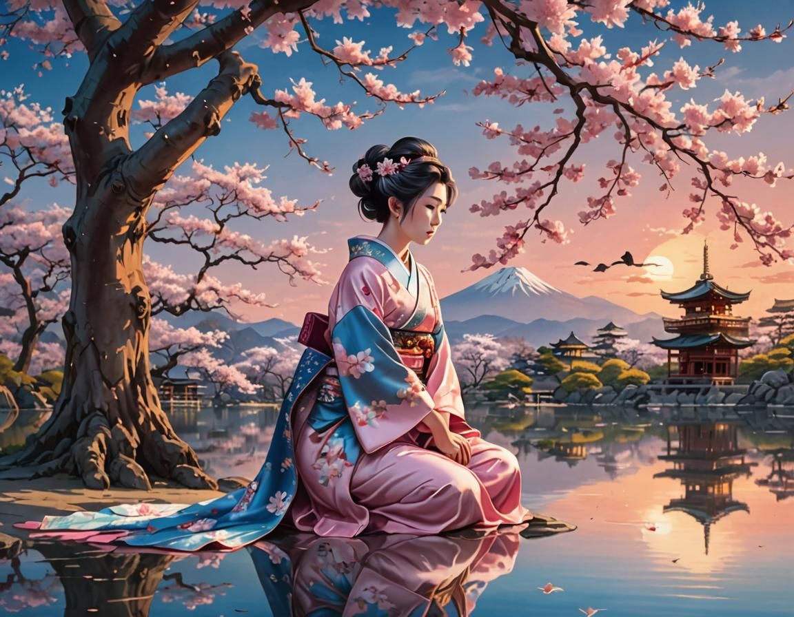 Japanese Princess Reflects Under Sakura Tree at Sunset