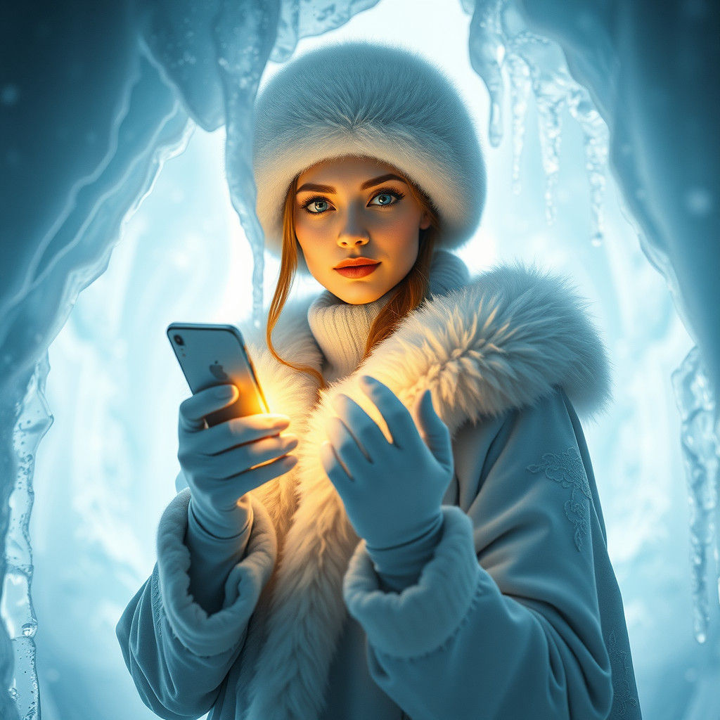 Ethereal Ice Fortress: Russian Beauty with Smartphone