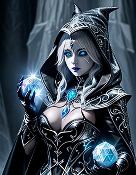 Silver-Haired Witch with Ice Orb in Anime Style