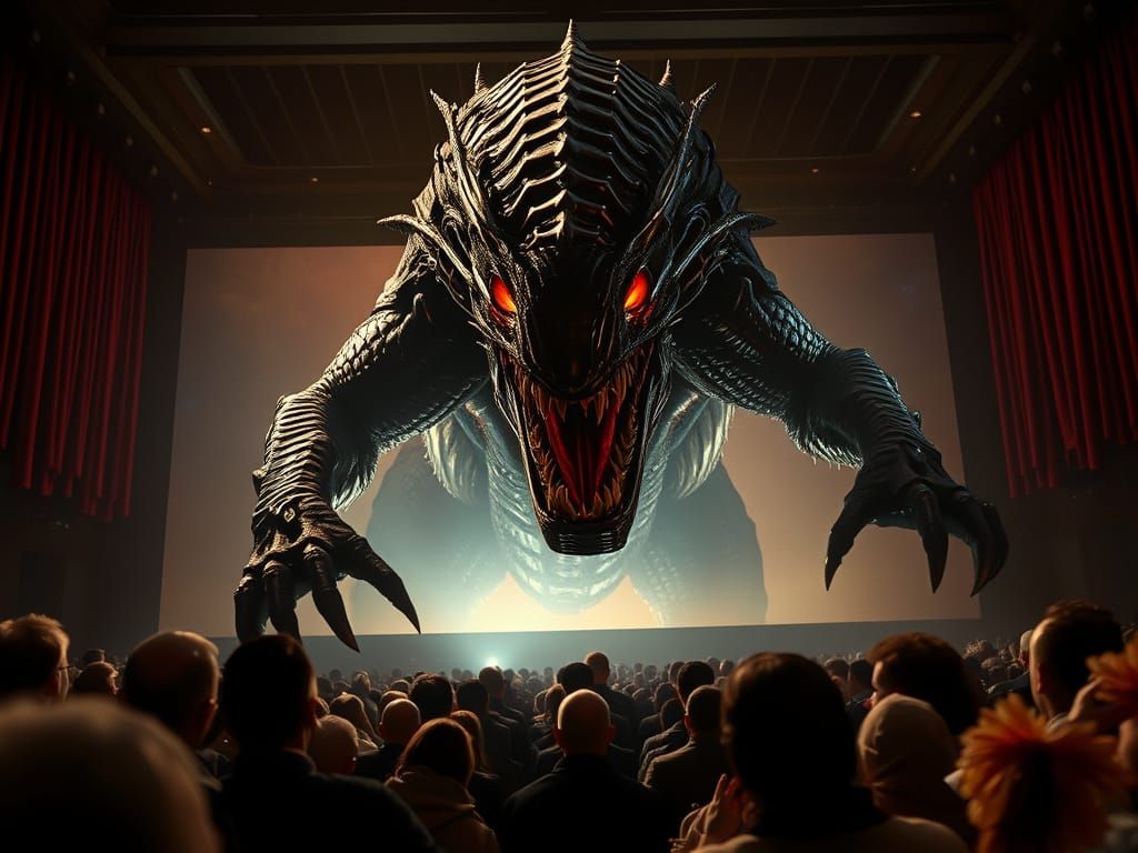 Monstrous Cinema Screen Invasion in Biomechanical Style