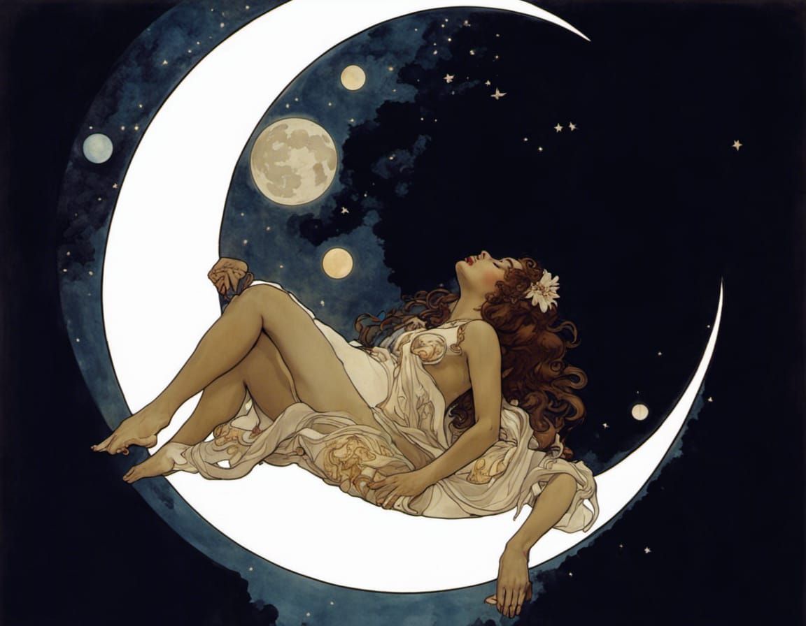 Donna Summer on Crescent Moon in Art Nouveau Style