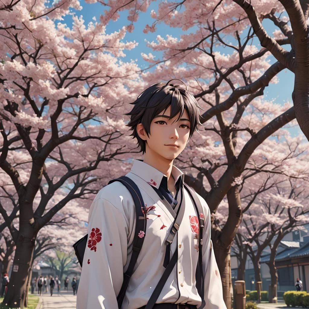 Anime Man in School Uniform near Sakura Tree