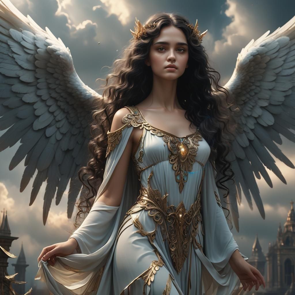 Dramatic Angel with Dark Hair in Digital Painting