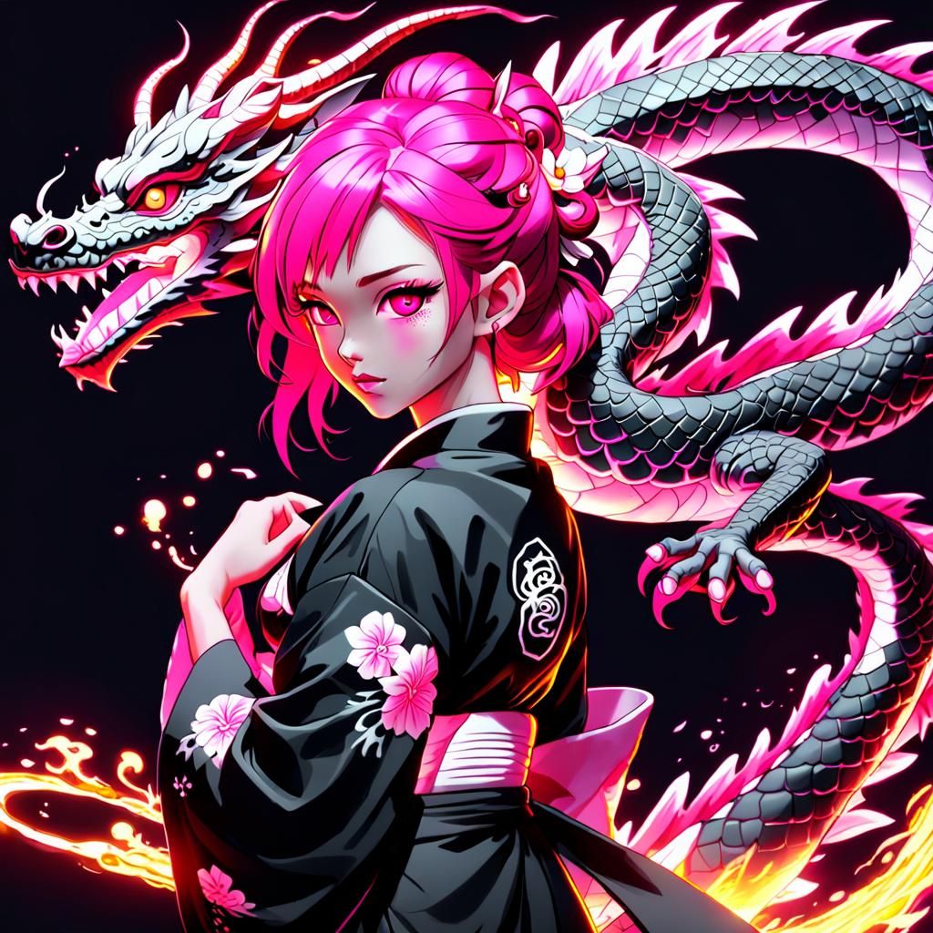 Pink-Haired Girl Creates Neon Dragon, Hyperdetailed Art