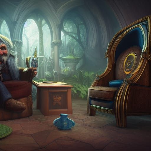 Gnome in Armchair: Detailed Matte Painting