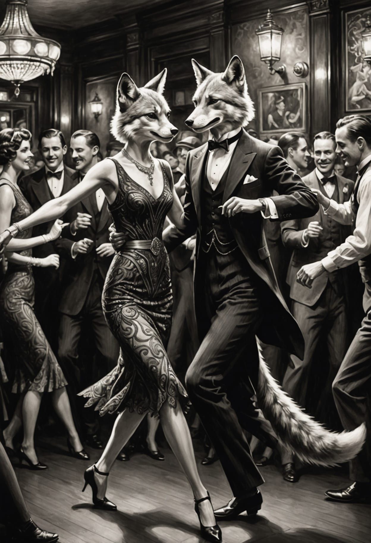 Anthro Fox and Wolf Dance Charleston: Charcoal Sketch