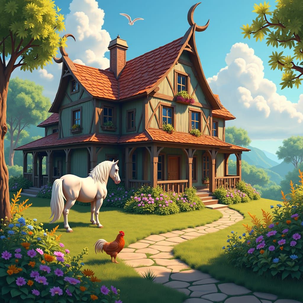 Fantasy Farmhouse with Horse and Chicken, Detailed Matte Pai...