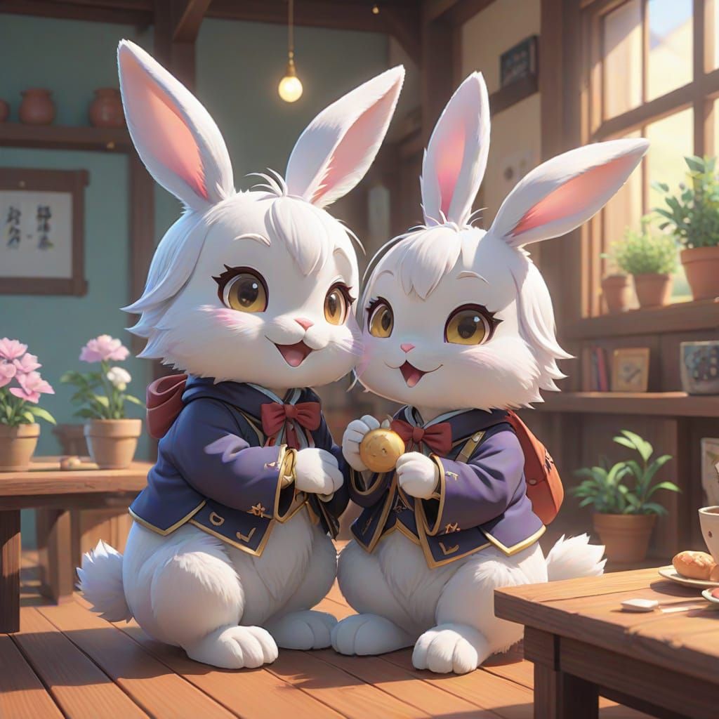 Cartoon Bunnies Share a Secret in 3D Anime Art
