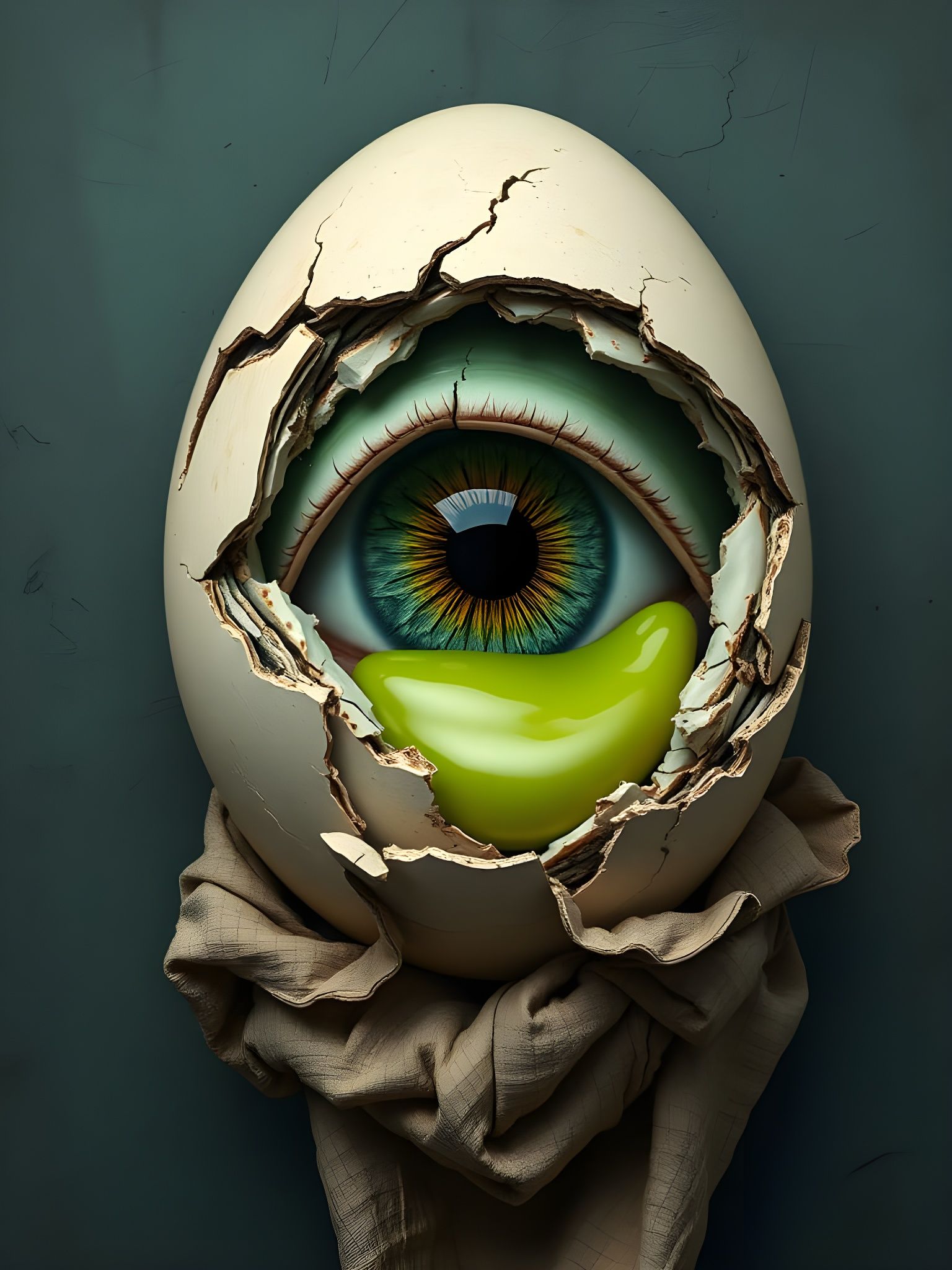 Surreal Grotesque Green Eye in Cracked Egg Head