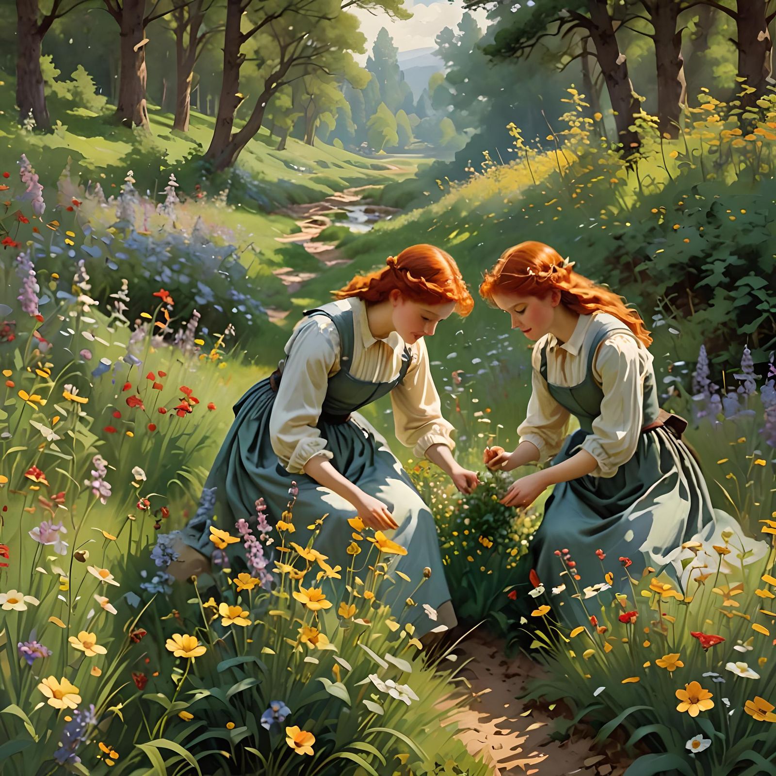 Redhead Twins Picking Wildflowers: Artistic Illustration