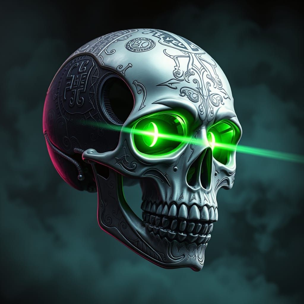 Glowing Cyberpunk Skull with Ancient Hieroglyphics