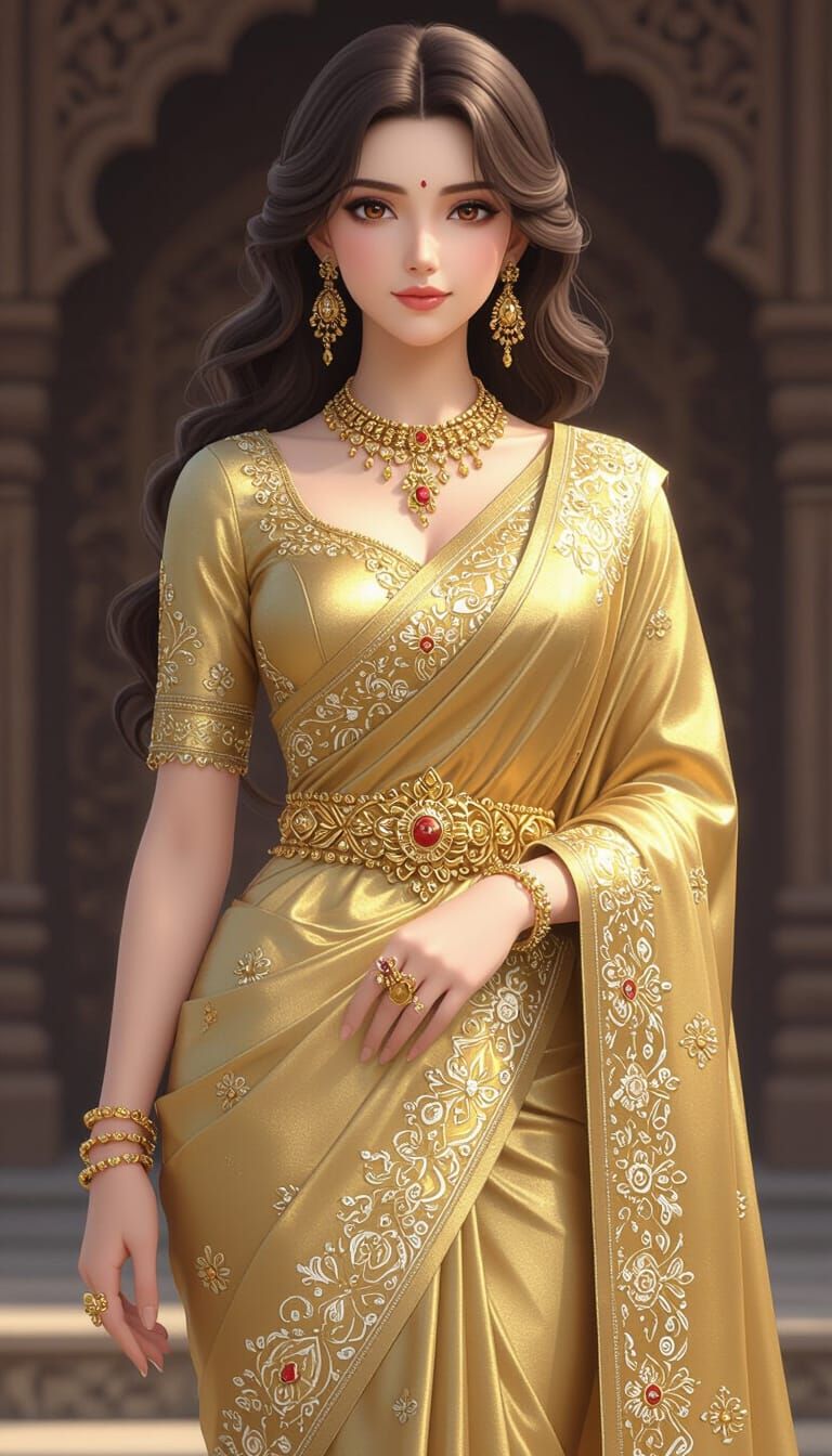 Regal Woman in Gold Saree, 3D Anime Style
