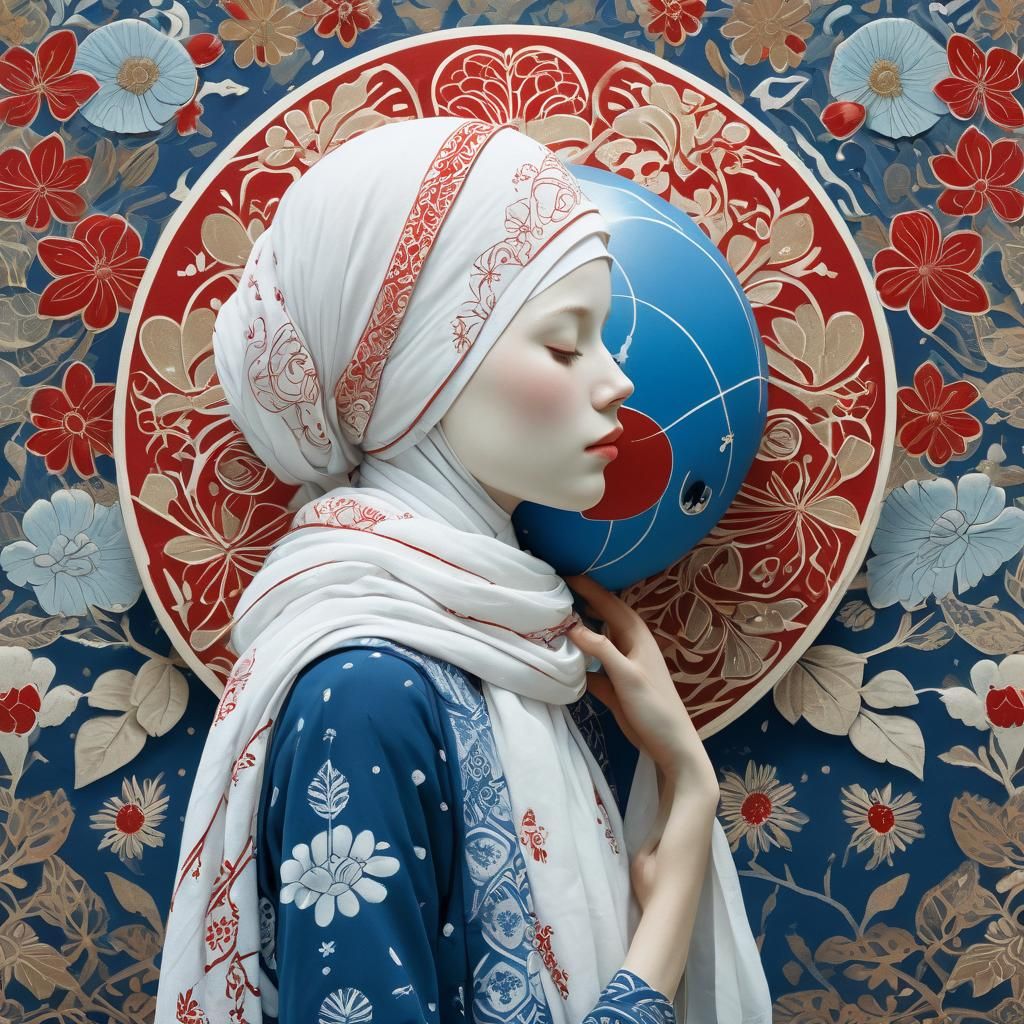 Figure Embracing Elephant Sphere on Floral Wallpaper