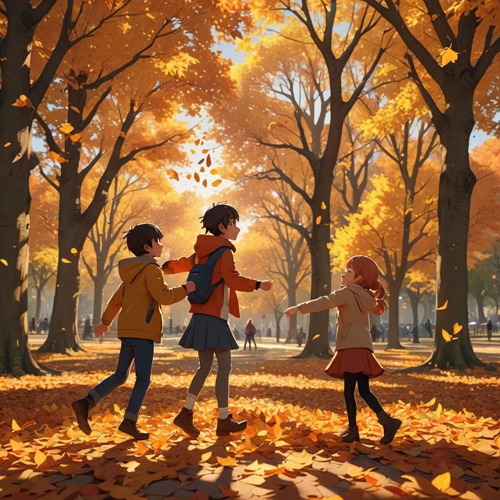 Kids Play in Autumn Sunlight: 3D Anime Art