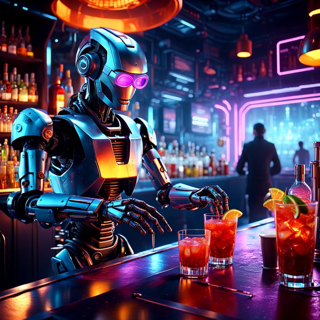 Futuristic Robot Bartender in Cyberpunk Bar