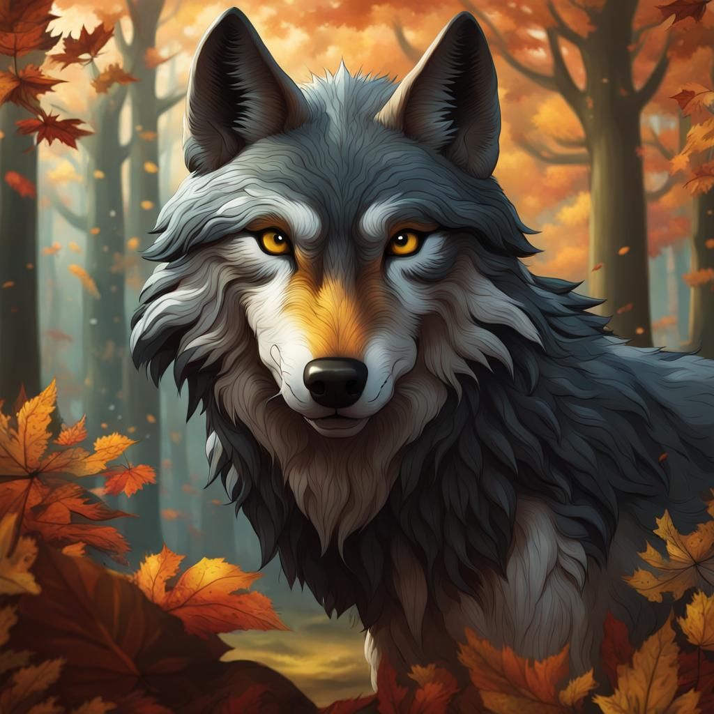 Wolf Peering Through Autumn Woods Illustration