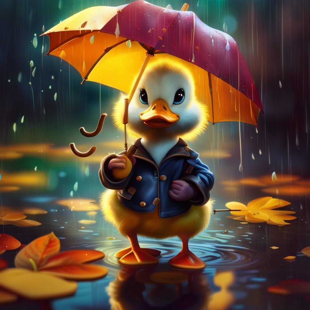 Cute Duckling in Rain, Disney Style Splash Art