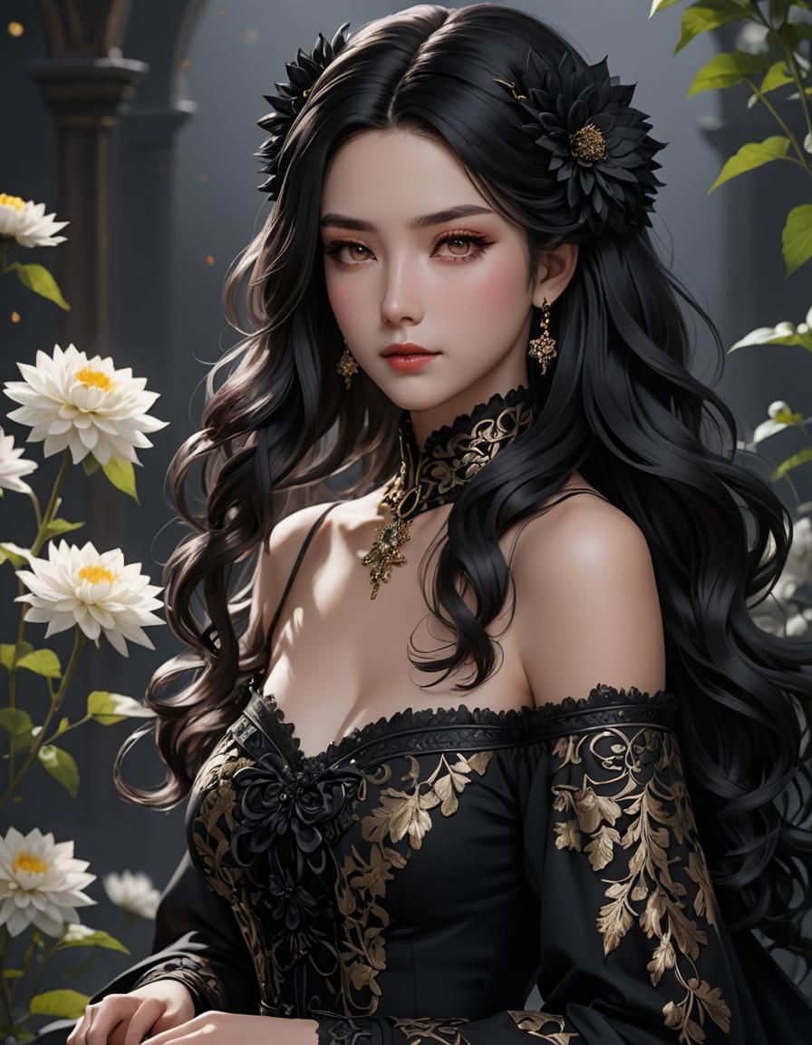 Anime Queen with Black Dahlias in 3D Art