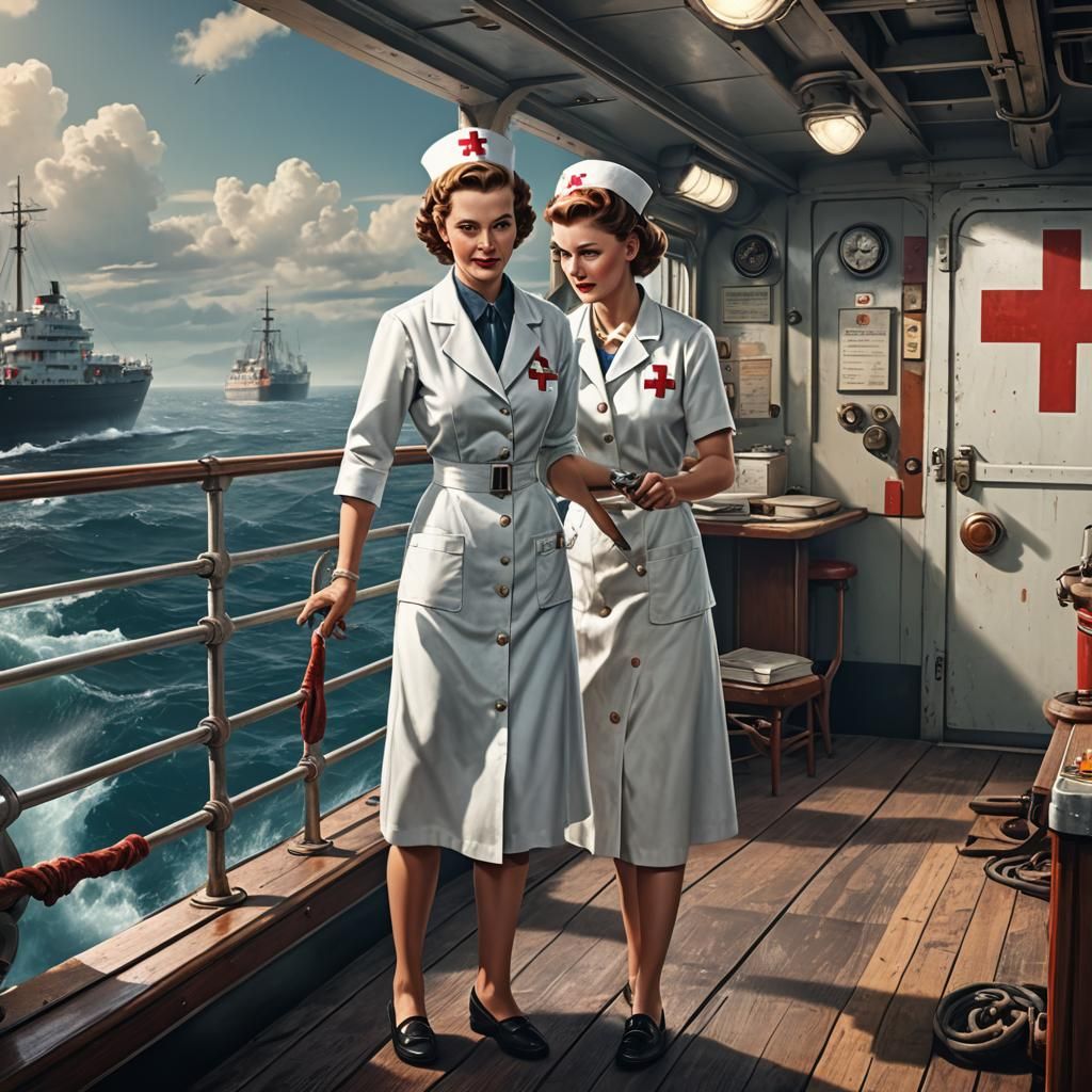 1950's Red Cross Nurse at work on board ship. detailed matte painting, deep color, fantastical, intricate detail, splash...