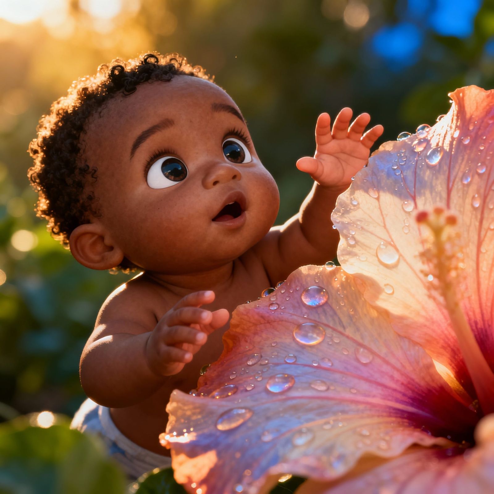 Hyperrealistic Baby Reaching for Giant Dew-Kissed Flower