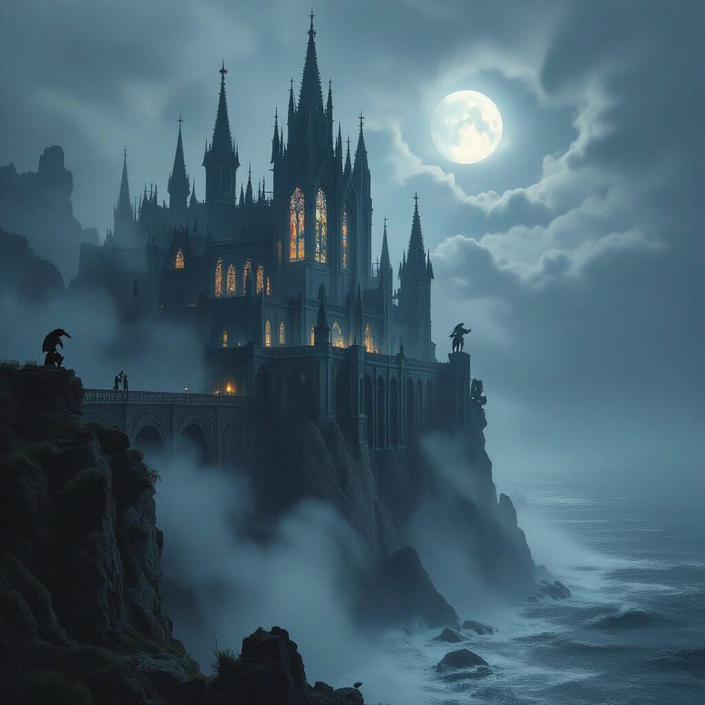 Gothic Castle on Cliff Overlooking Stormy Sea in Mist