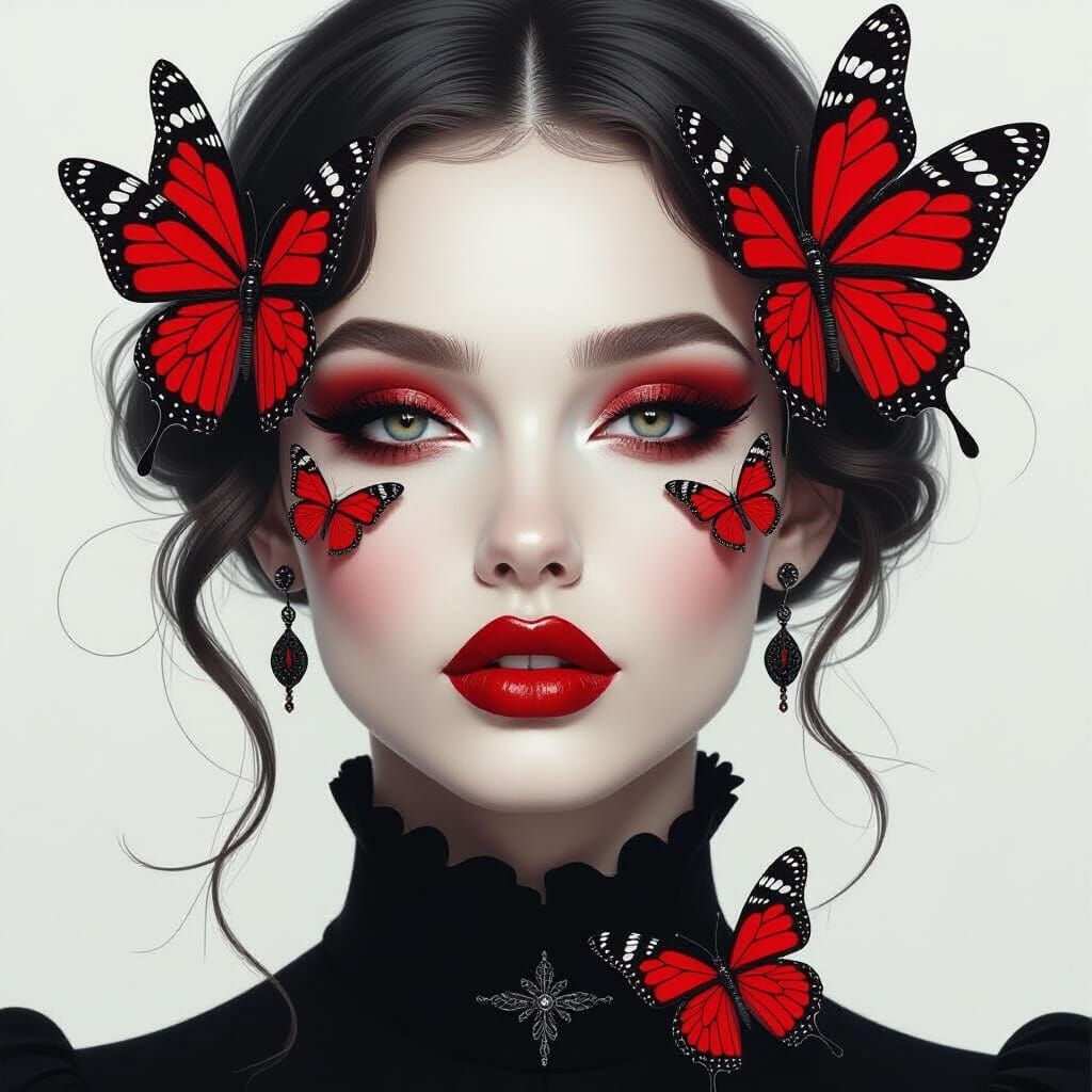 Monochrome Portrait with Red Makeup and Butterflies