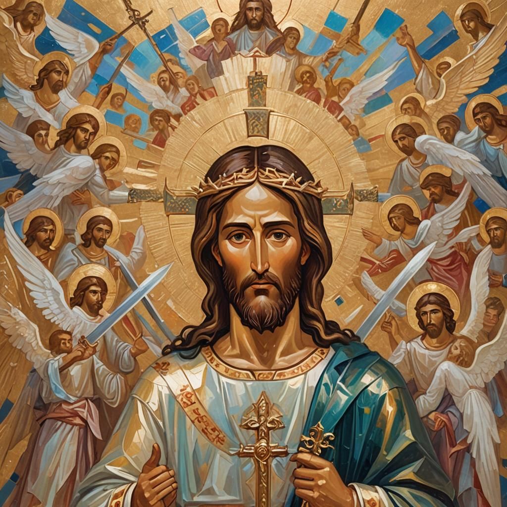 Jesus Christ with Sword in Byzantine Iconography Style