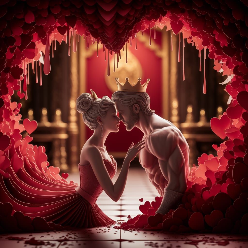 Queen and King of Hearts in Paper Art Style