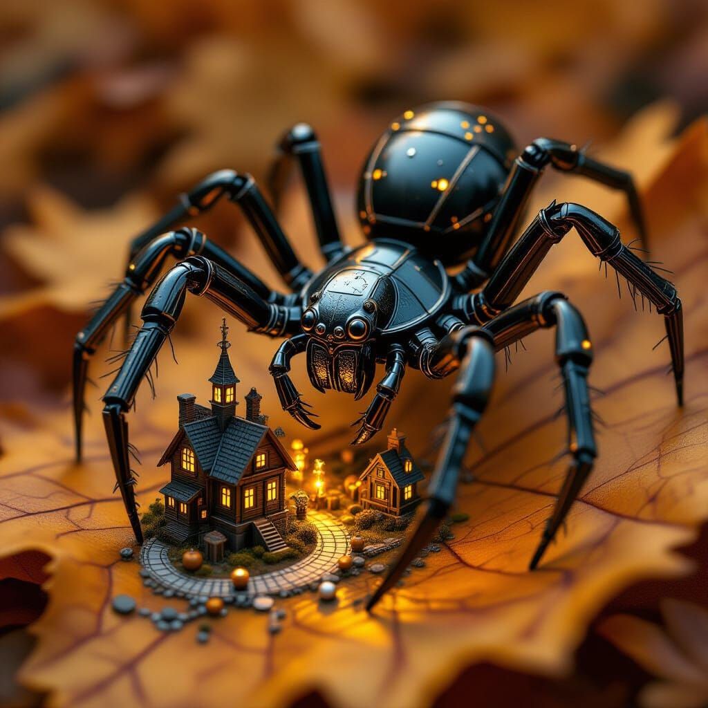 Clockwork Spider Builds Tiny Village in Autumn Leaf
