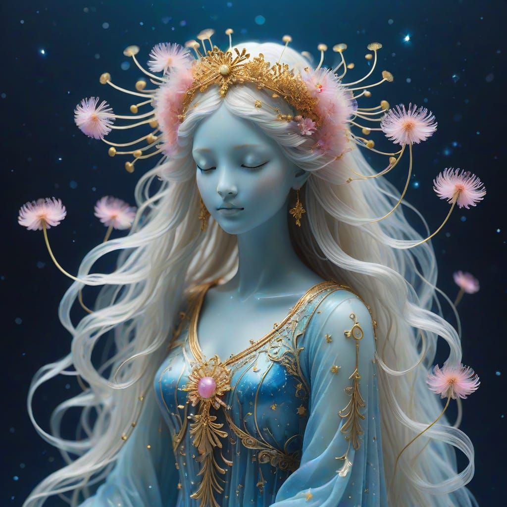 Ethereal Celestial Spirit with Flowers and Starry Background
