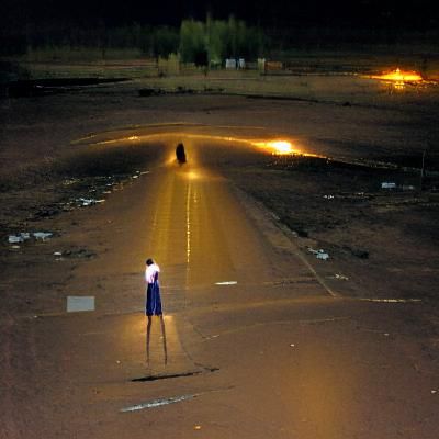 Abandoned Road at Night with Solitary Figure
