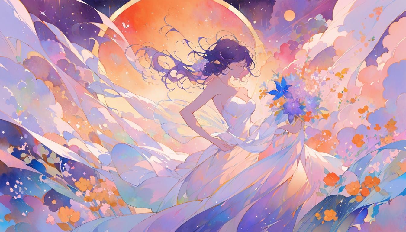 Ethereal Nymphs in Watercolor Against Bold Sunset