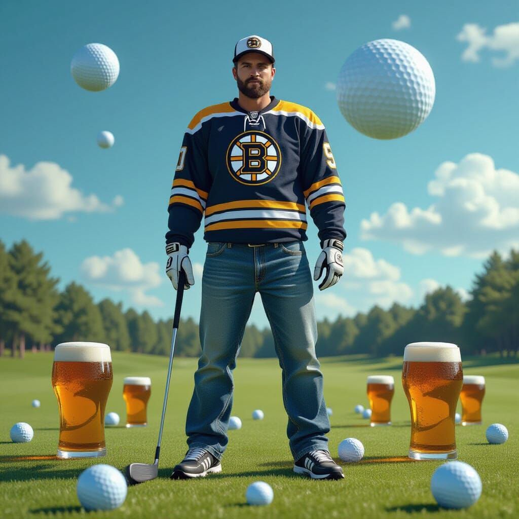 Happy Gilmore as Superhero on Golf Ball and Beer Planet