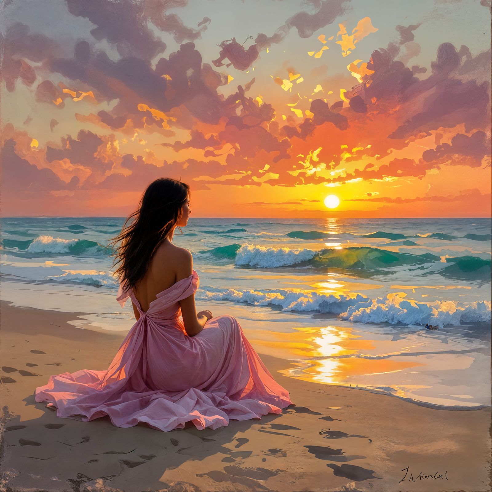 Ethereal Woman in Pink Dress on Beach at Sunset