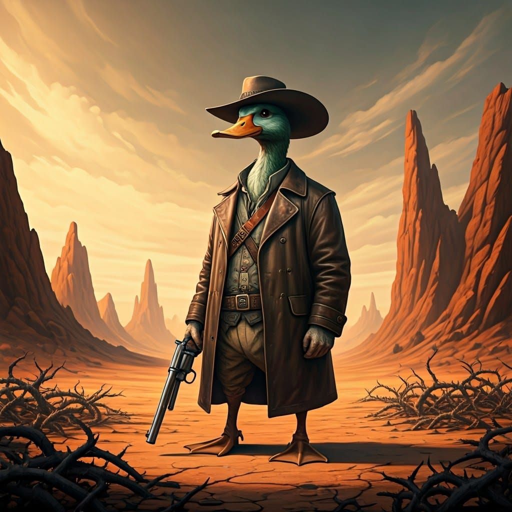 Post-Apocalyptic Survivor in Tattered Coat, Armed and Standi...