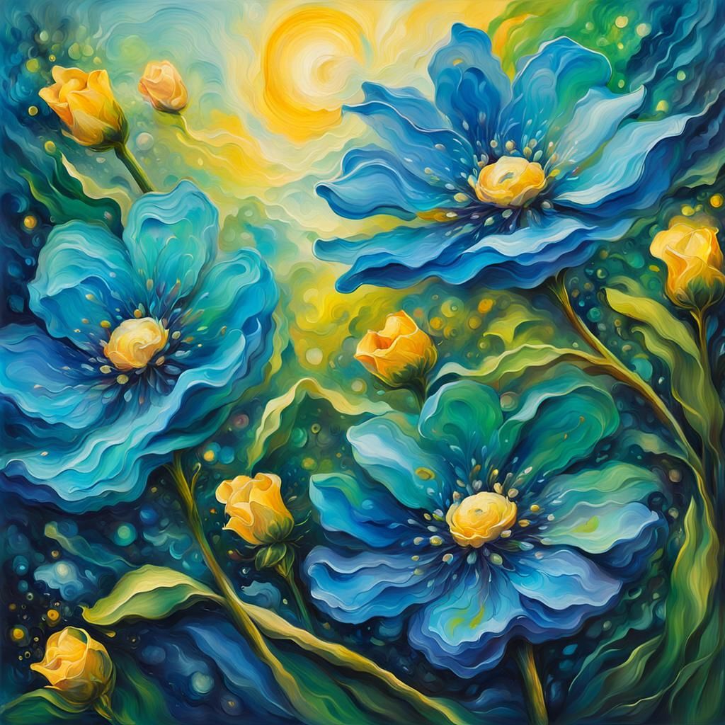 Blue Flowers in Fantasy Oil Painting Style
