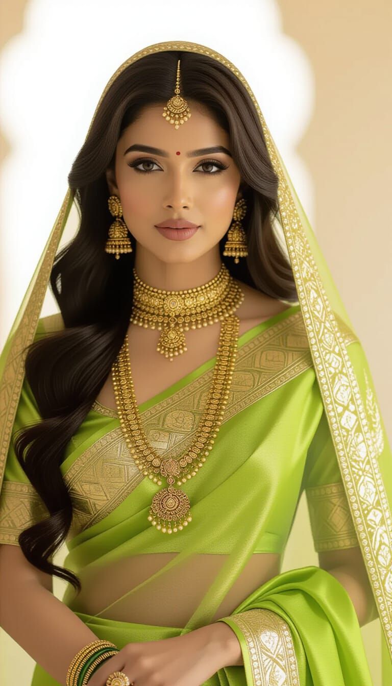 Classical Indian Beauty in Metallic Gold Saree