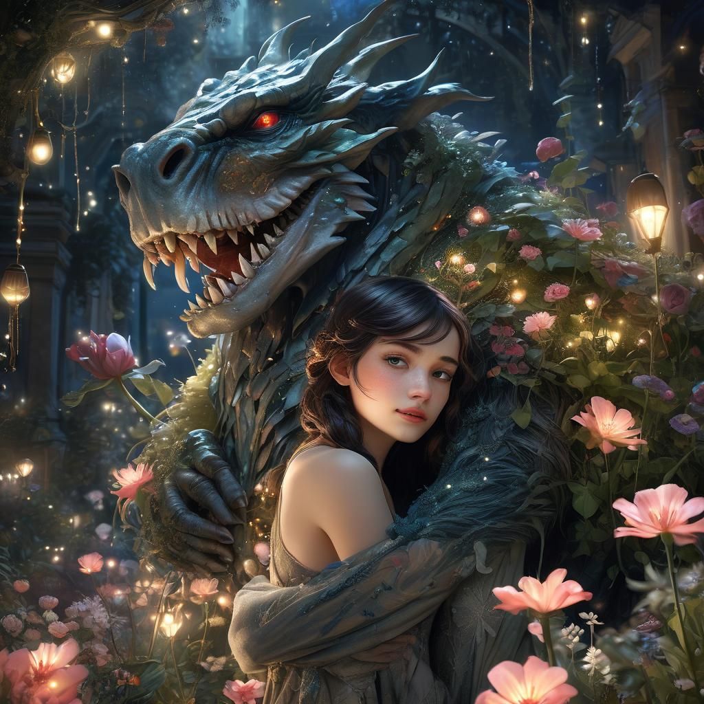 Enchanted Fairy Hugs Grumpy Monster in Art Nouveau Style