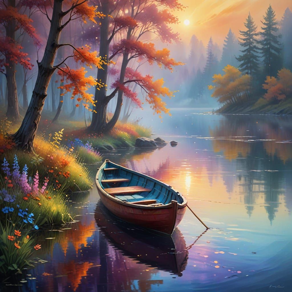 Romantic Realism Wooden Rowboat in Vibrant Autumn Landscape