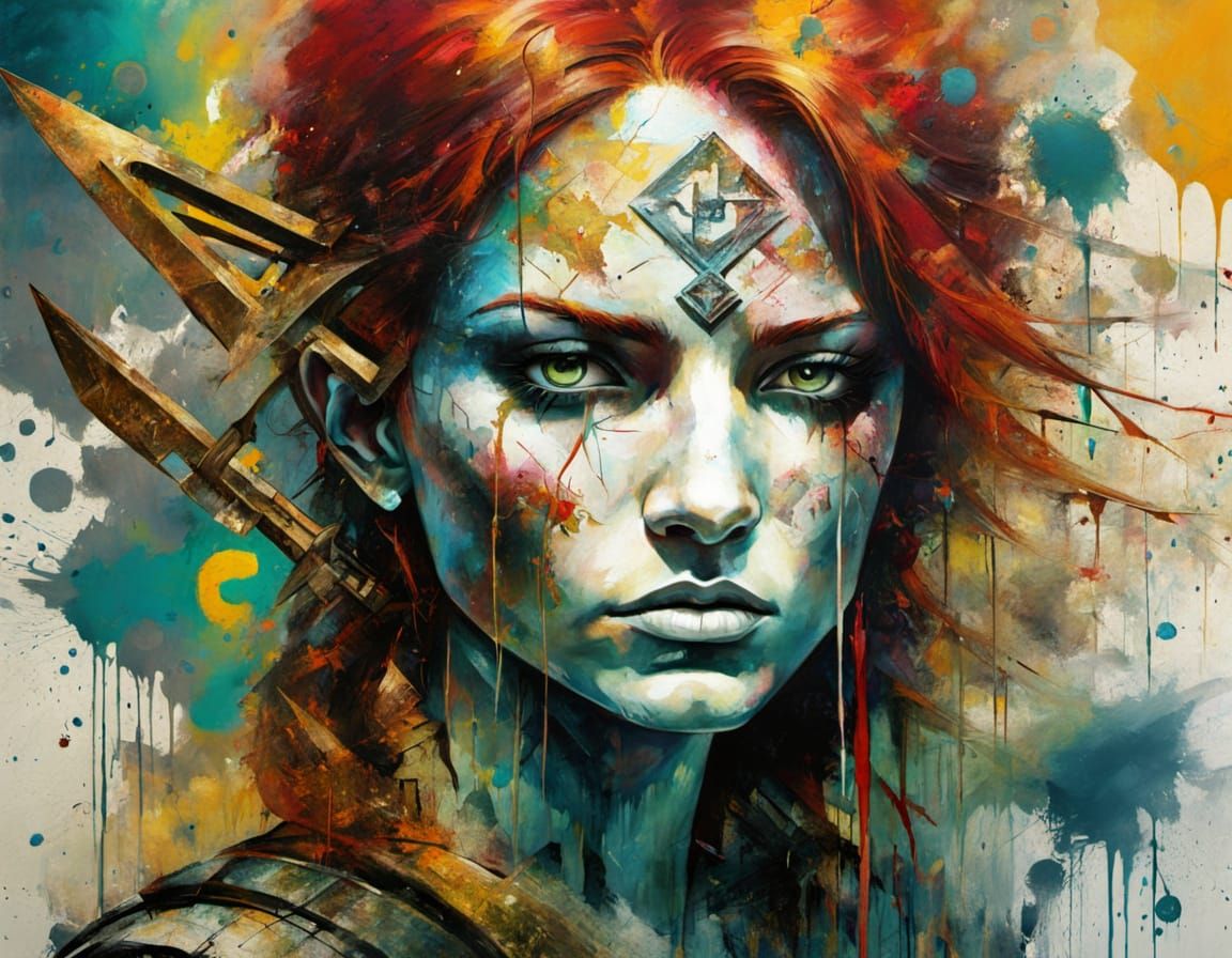 Vibrant Female Warrior in Street Art Style