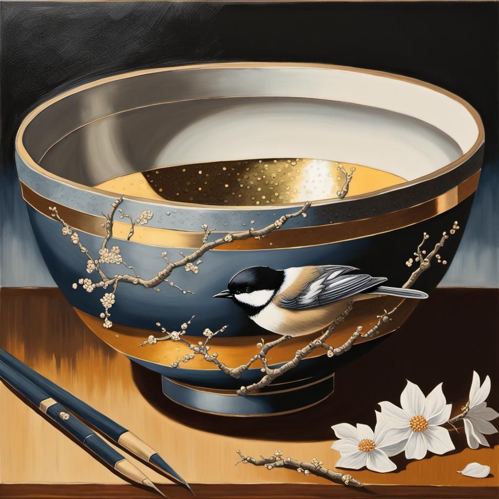 Kintsukuroi Chickadee: Japanese Bowl Oil Painting