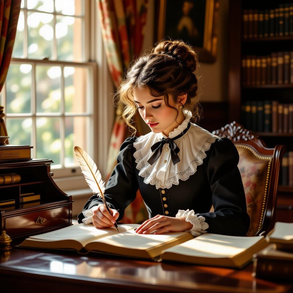 Victorian Girl Does Accounts in Golden Hour Light