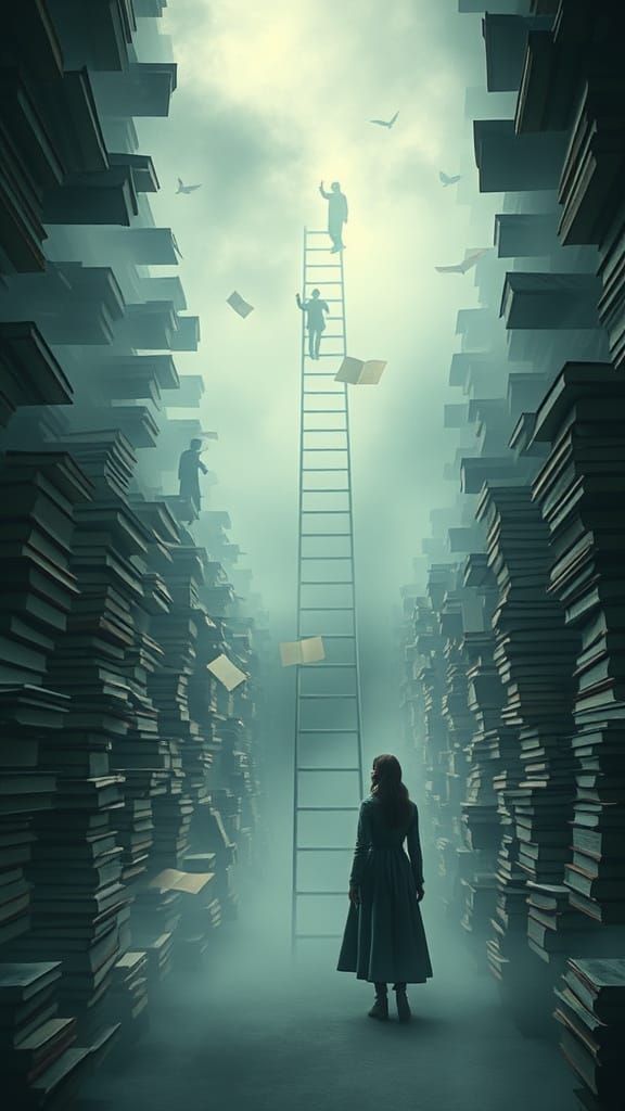 Ethereal Library: Floating Books in Misty Void