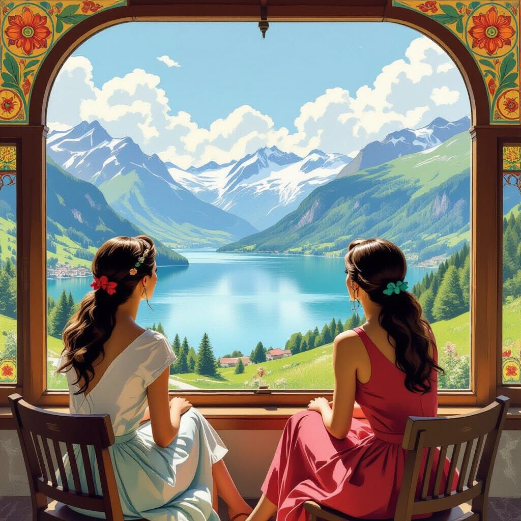 Swiss Landscape Viewed by Two Women: Art Nouveau