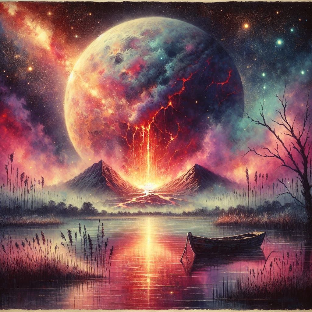 Alien World: Volcanic Moon in Watercolor Style