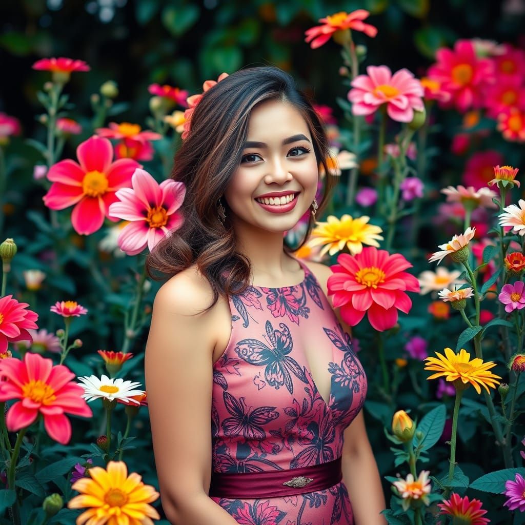 Woman Surrounded by Flowers in Whimsical Style
