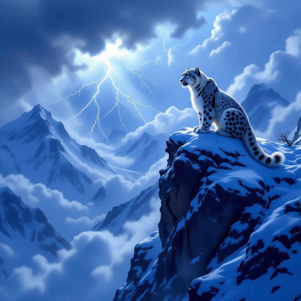 Snow Leopard Surveys Stormy Valley in Epic Fantasy Style